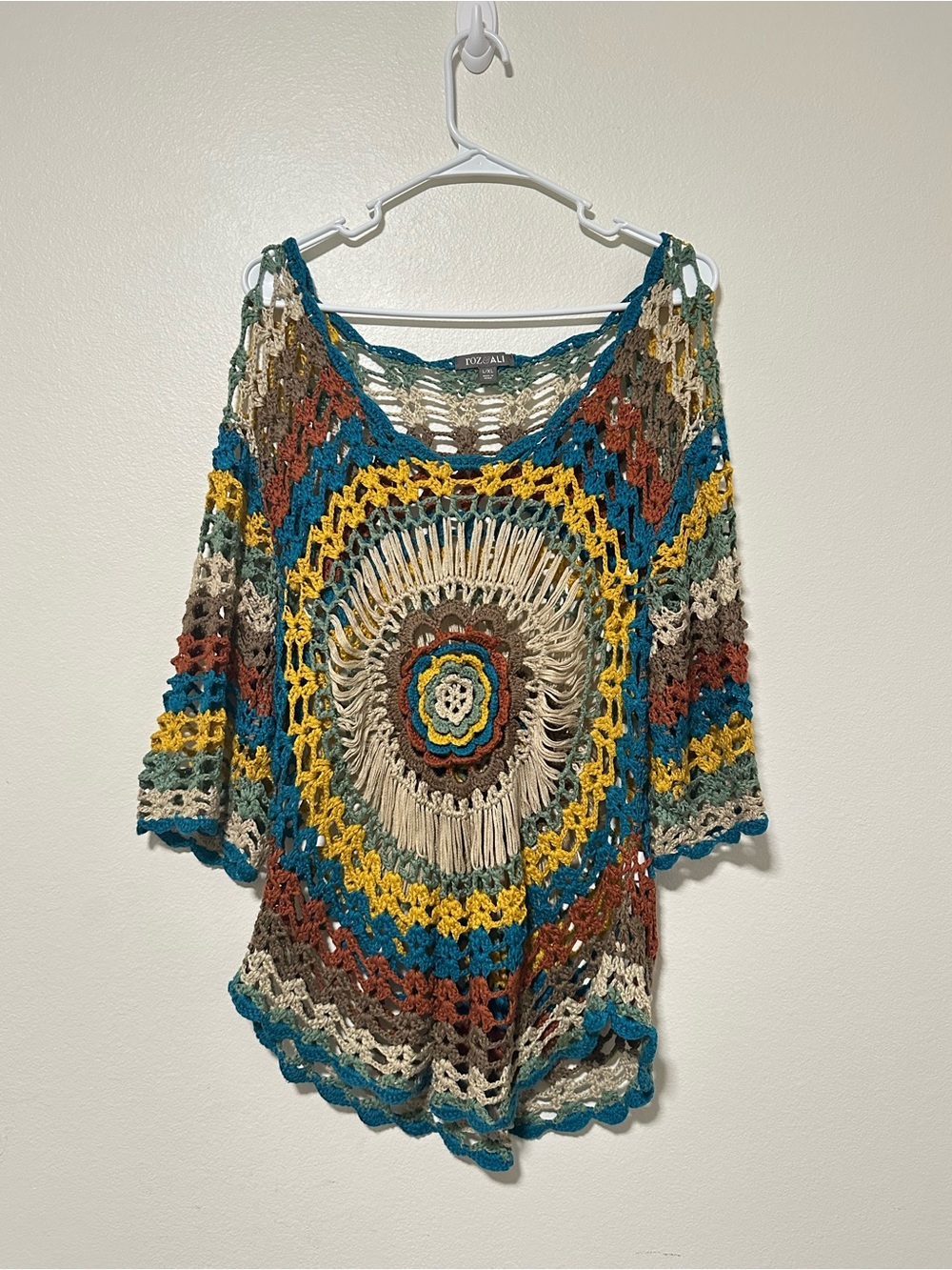 Roz & Ali Y2K Boho Crochet Open-Knit Sweater Top - Multicolor